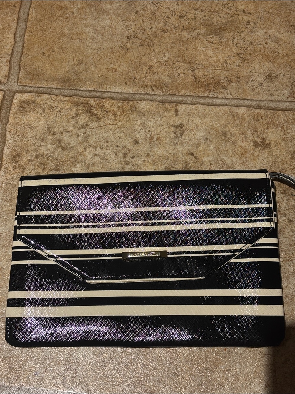 Anne Klein Black and Ivory Striped Mini Envelope Clutch